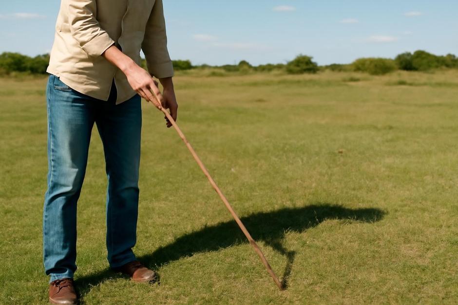 Person using a stick to cast a shadow on a grassy field at midday