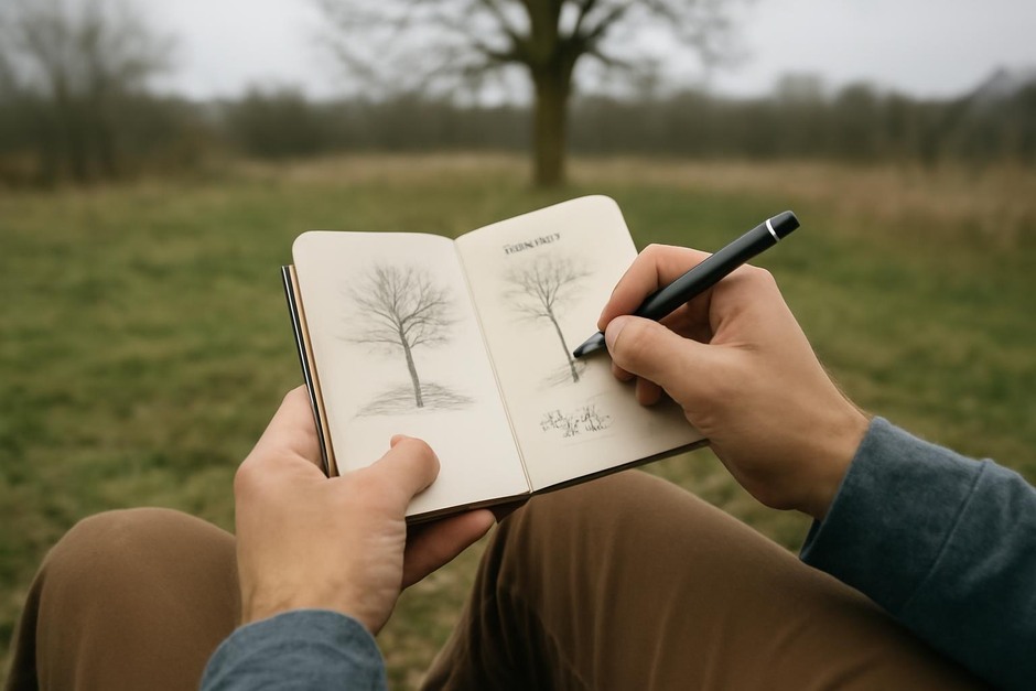 Person sketching a tree in a small notebook