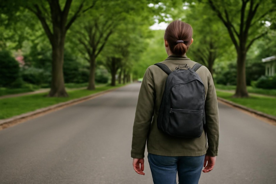 Person walking on a tree-lined street with a small backpack